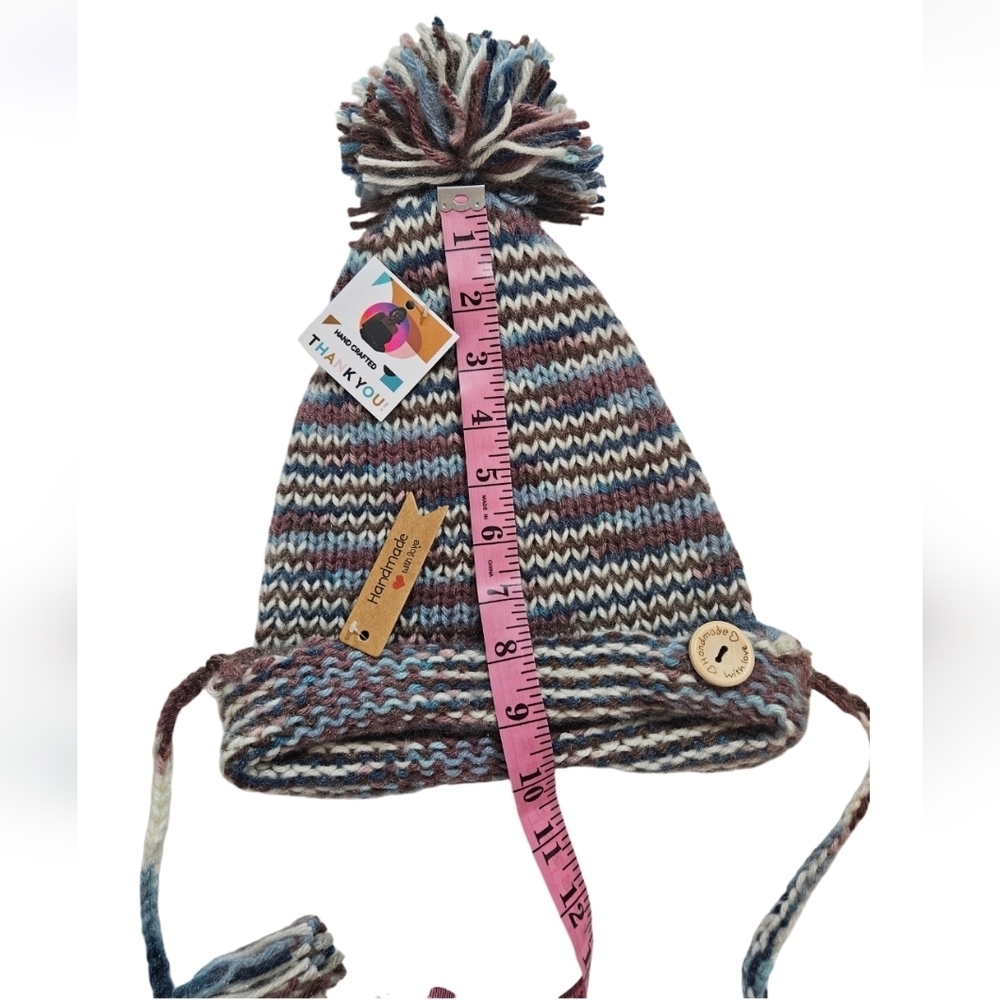 Hand Crafted Winter Hat Handmade knitted pom pom beanie multicolored crochet cap - Picture 17 of 17